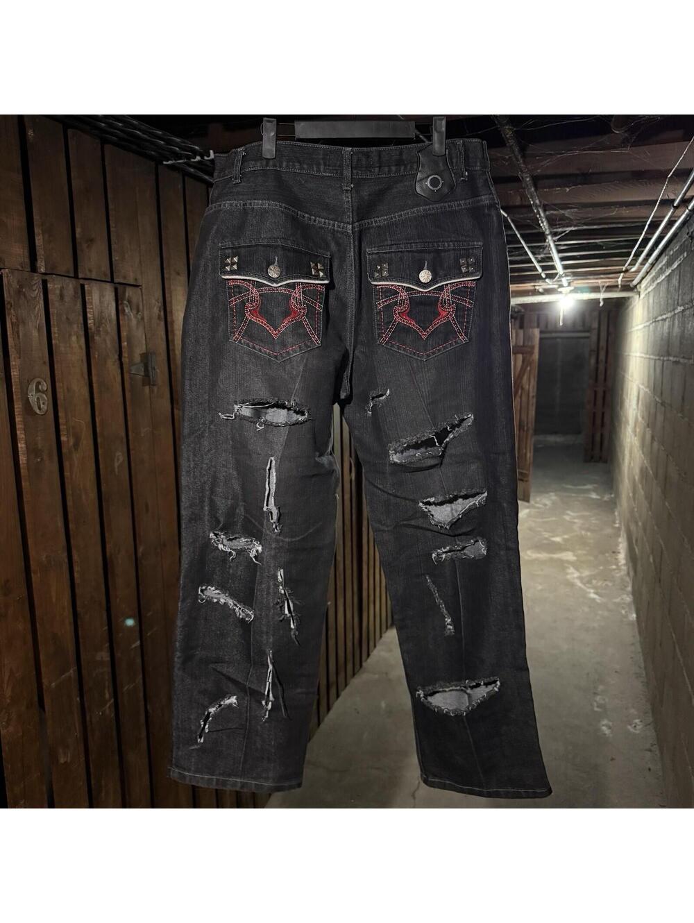 Y2K Red Ape Distressed Black Baggy Jeans Mens 36 Embroidered Punk Skater